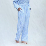 Right View of a Model wearing Powder Blue Handspun Cotton High-Rise Pajama