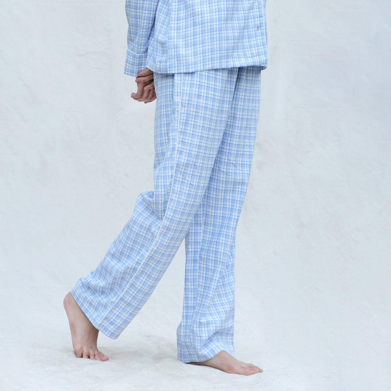 Right View of a Model wearing Powder Blue Handspun Cotton High-Rise Pajama