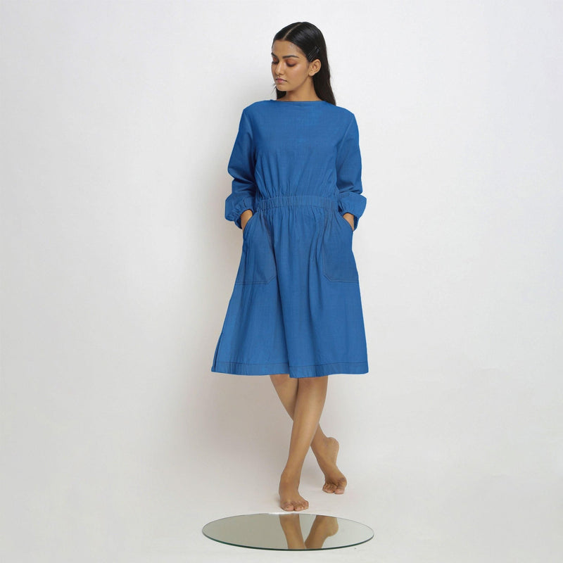 Powder Blue Handspun Cotton Knee Length Fit and Flare Dress 36" / Regular (5'2" - 5'6") Powder Blue Handspun Cotton Knee Length Fit and Flare Dress 36" / Regular (5'2" - 5'6")