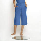 Front View of a Model wearing Mid-Rise Vegetable Dyed Blue Cotton Culottes