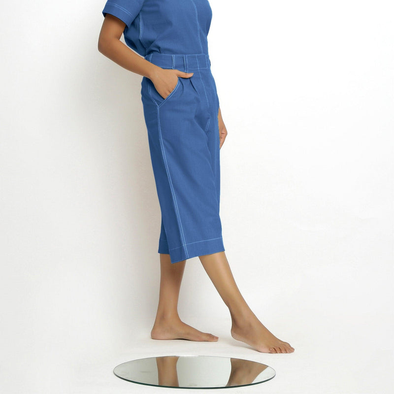 Right View of a Model wearing Mid-Rise Vegetable Dyed Blue Cotton Culottes