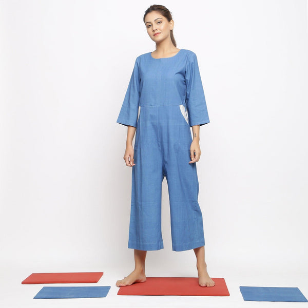 Front View of a Model wearing Blue Vegetable Dyed Straight Jumpsuit