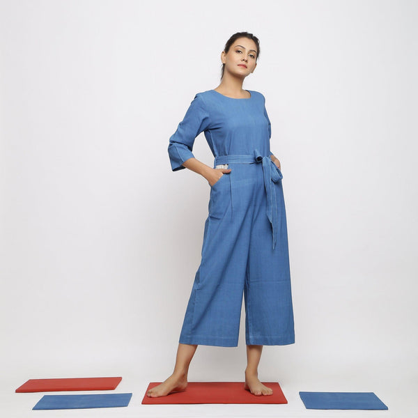 Front View of a Model wearing Blue Vegetable Dyed Straight Jumpsuit