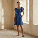 Powder Blue Handspun Cotton Open-Back Fit and Flare Knee Length Dress