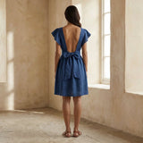 Powder Blue Handspun Cotton Open-Back Fit and Flare Knee Length Dress