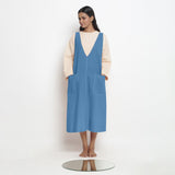 Front View of a Model wearing Powder Blue Handspun Cotton Deep Neck Shift Dress