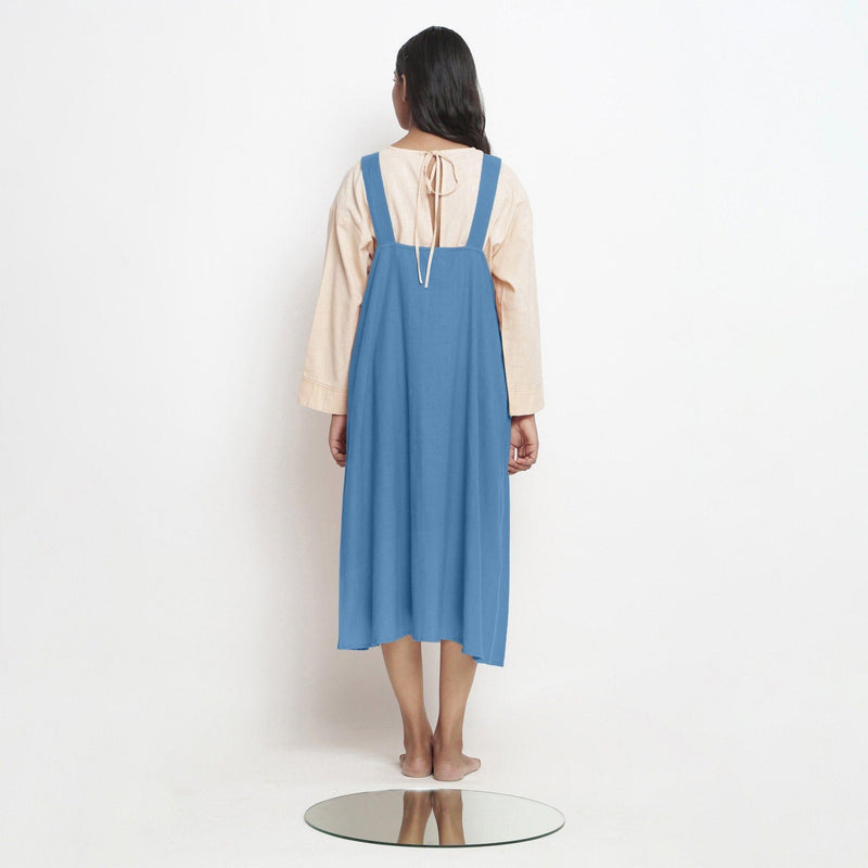 Back View of a Model wearing Powder Blue Handspun Cotton Deep Neck Shift Dress