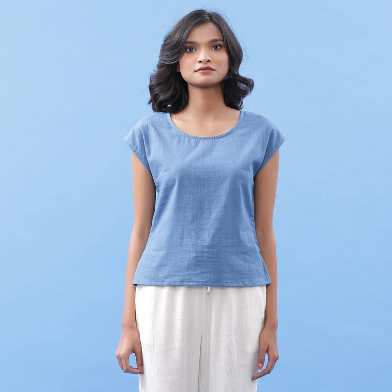 Front View of a Model wearing Blue Vegetable Dyed Handspun Essential Top