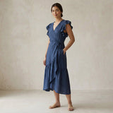 Powder Blue Handspun Cotton Ruffle Midi Wrap Dress