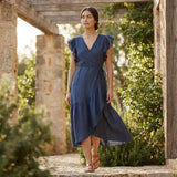 Powder Blue Handspun Cotton Ruffle Midi Wrap Dress