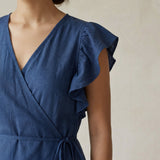Powder Blue Handspun Cotton Ruffle Midi Wrap Dress