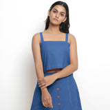 Front View of a Model wearing Vegetable-Dyed Blue 100% Cotton Spaghetti Top