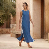 Powder Blue Handspun Cotton Wavy Stripe Maxi Shift Dress