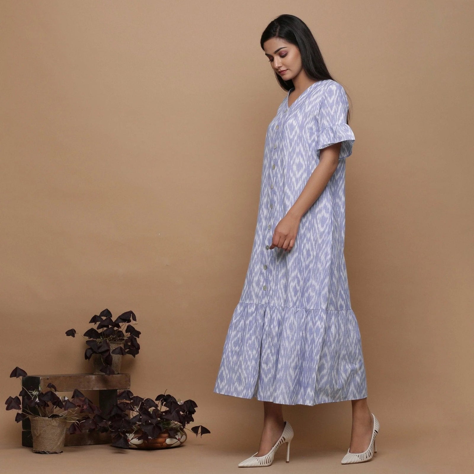 Buy Powder Blue Handwoven Ikat Cotton Button-Down Midi Dress Online at SeamsFriendly
