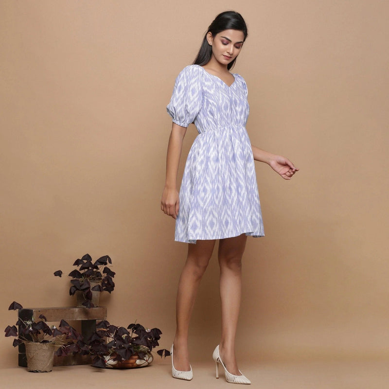 Powder Blue Ikat Cotton Sweetheart Neck Short Dress Powder Blue Ikat Cotton Sweetheart Neck Short Dress