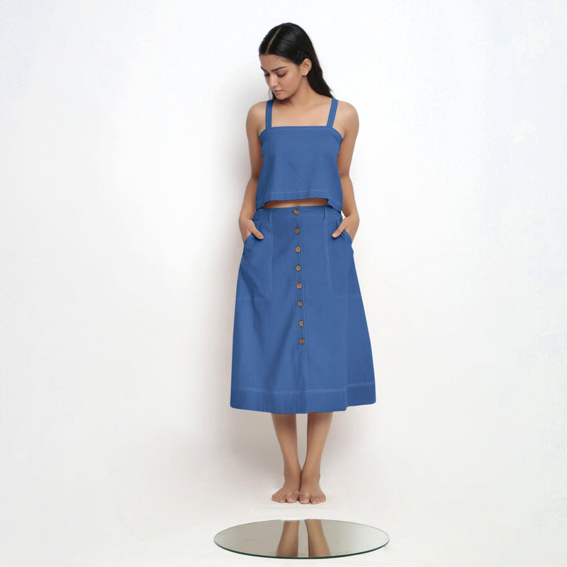 Front View of a Model wearing Powder Blue Vegetable Dyed Button-Down Skirt