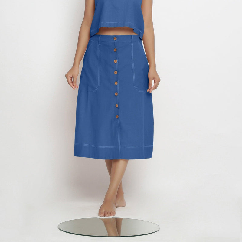 Front View of a Model wearing Powder Blue Vegetable Dyed Button-Down Skirt