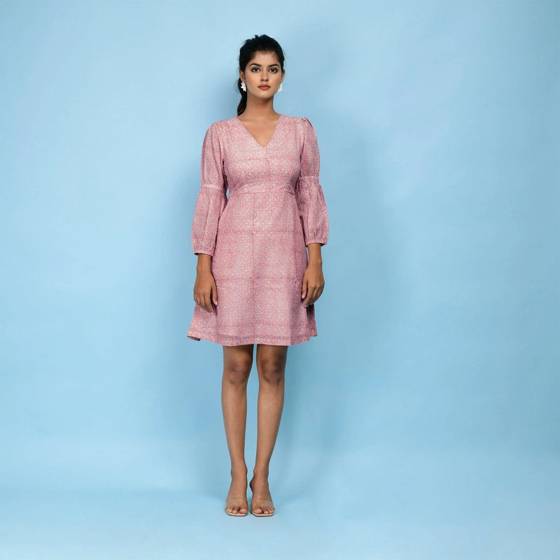 Front View of a Model wearing Powder Pink Block Print Cotton Short Dress