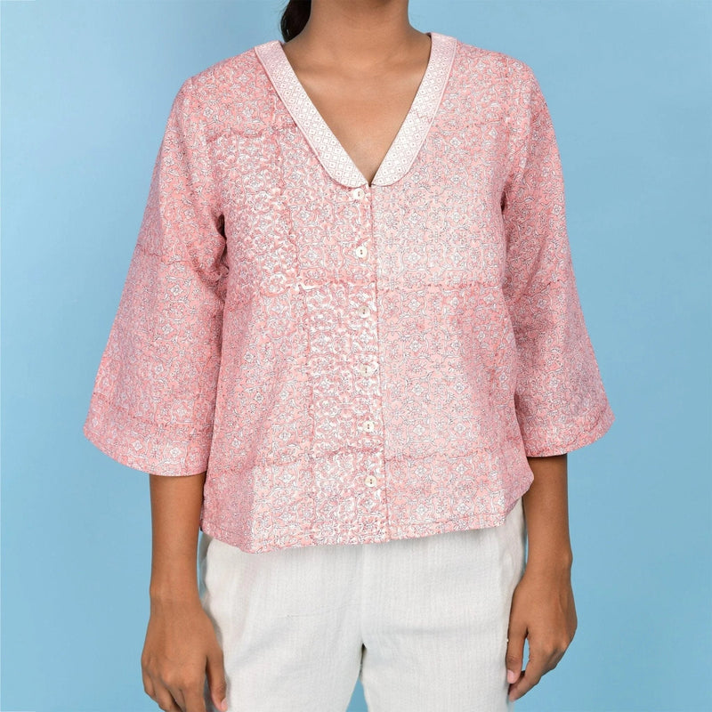 Front Detail of a Model wearing Powder Pink Block Printed Chelsea Collar Cotton Top