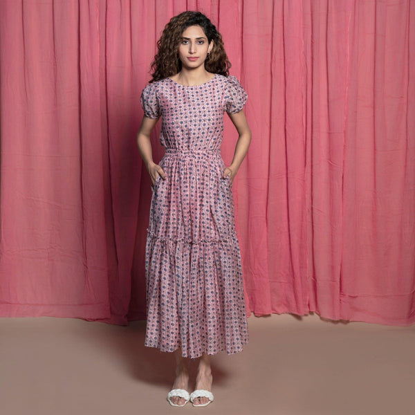 Front View of a Model wearing Powder Pink Chanderi Block Print Tier Peasant Dress