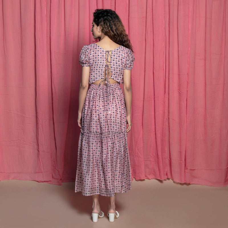 Back View of a Model wearing Powder Pink Chanderi Block Print Tier Peasant Dress