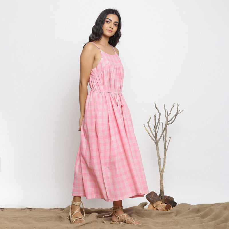 Powder Pink Checks Cotton Muslin Gathered Maxi Dress 54 Powder Pink Checks Cotton Muslin Gathered Maxi Dress 54