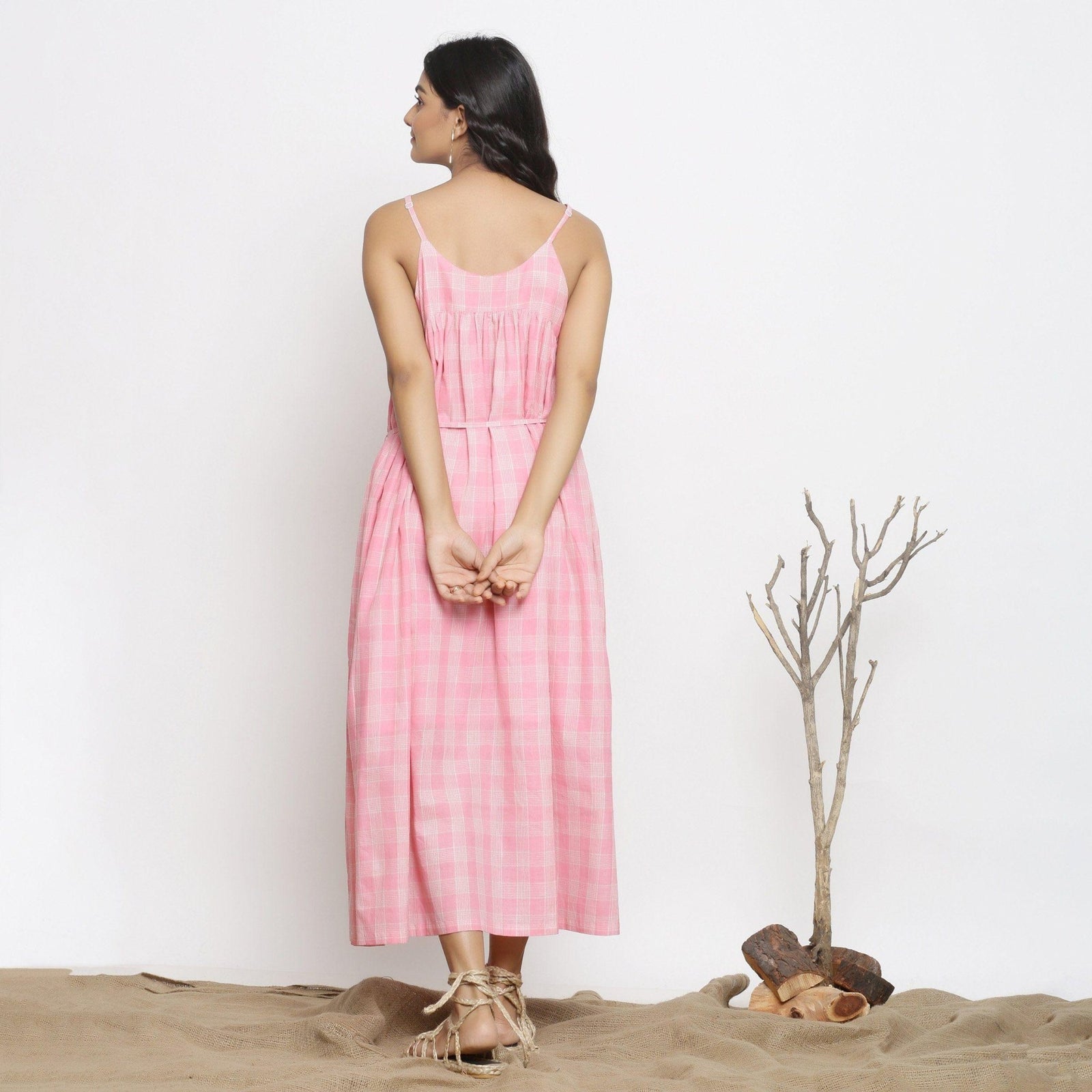 pink cotton maxi dress for women Powder Checks Muslin Gathered 54