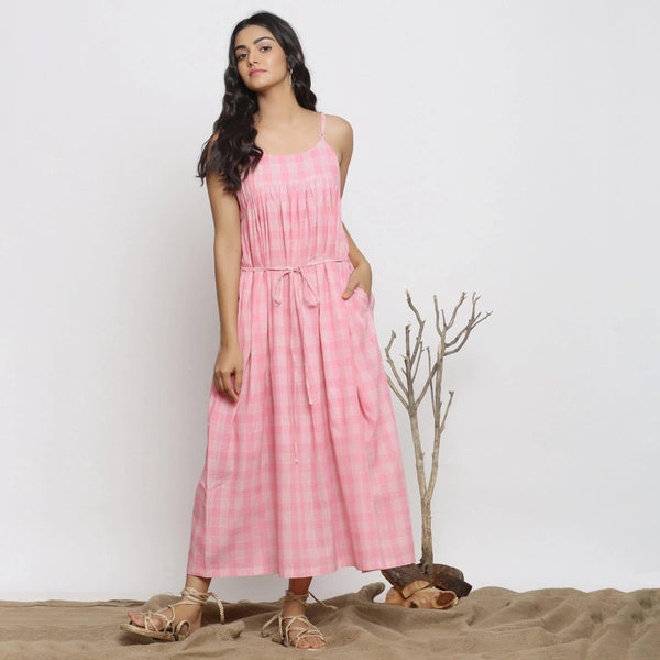 Front View of a Model wearing Powder Pink Gathered Maxi Yoked Dress