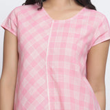 Front Detail of a Model wearing Powder Pink Checkered Cotton Paneled Top