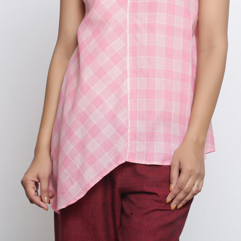 Front Detail of a Model wearing Powder Pink Checks Handspun Cotton Muslin Paneled Top