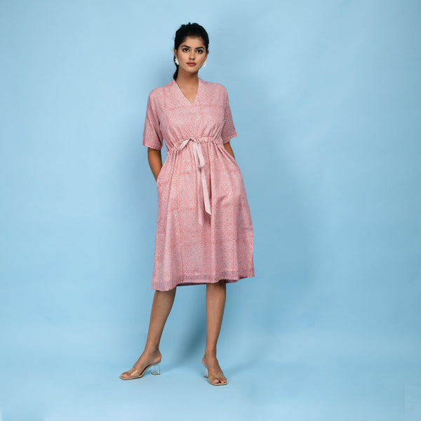 Front View of a Model wearing Powder Pink Block Print 100% Cotton Knee-Length Kaftan Dress