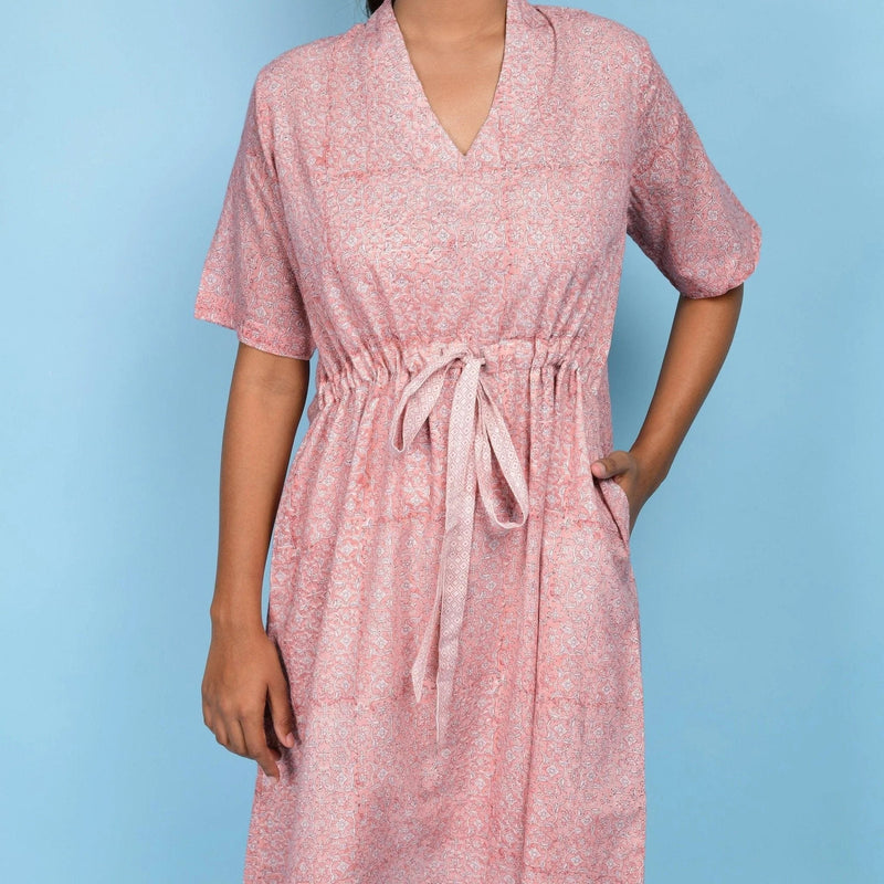 Buy Powder Pink Cotton Block Print Knee-Length Kaftan Dress Online at SeamsFriendly Buy Powder Pink Cotton Block Print Knee-Length Kaftan Dress Online at SeamsFriendly