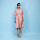 Front View of a Model wearing Powder Pink Block Print 100% Cotton Knee-Length Kaftan Dress