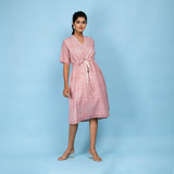 Front View of a Model wearing Powder Pink Cotton Block Print Knee-Length Kaftan Dress