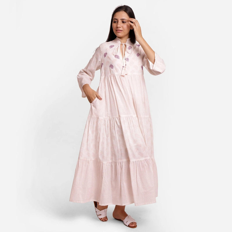 Powder Pink Cotton Block Print Maxi Peasant Dress Powder Pink Cotton Block Print Maxi Peasant Dress