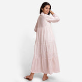 Back View of a Model wearing Powder Pink Cotton Block Print Maxi Peasant Dress