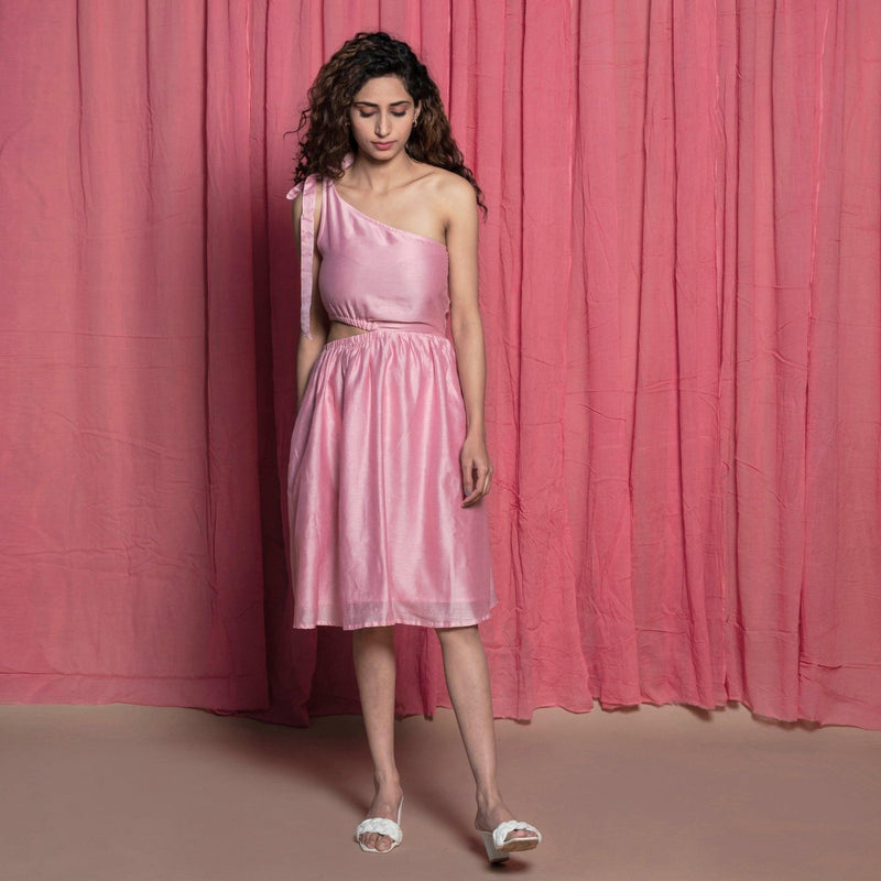 Front View of a Model wearing Powder Pink Chanderi Cut-Out Flare Dress