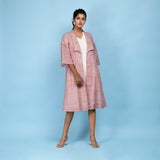 Front View of a Model wearing Powder Pink Block Printed 100% Cotton Knee-Length Overlay