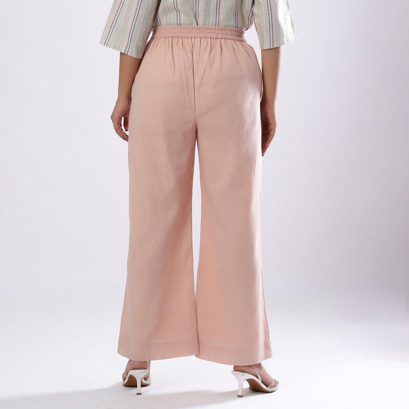 Powder Pink Handspun Cotton Elasticated Mid-Rise Flared Pant