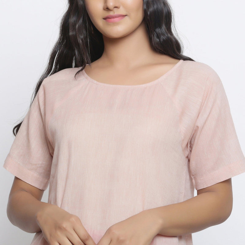 Powder Pink Handspun Cotton Round Neck Loose Fit Top