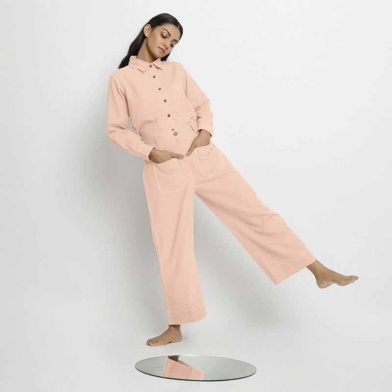 Front View of a Model wearing Powder Pink Patch Pocket Straight Fit Pant