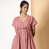 Front Detail of a Model wearing Powder Pink Warm Cotton Flannel Knee Length Frilled Dress