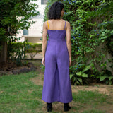 Purple and Yellow Color Blocked Cotton Poplin V-Neck Strap Sleeves Jumpsuit