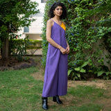 Purple and Yellow Color Blocked Cotton Poplin V-Neck Strap Sleeves Jumpsuit