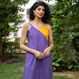 Purple and Yellow Color Blocked Cotton Poplin V-Neck Strap Sleeves Jumpsuit