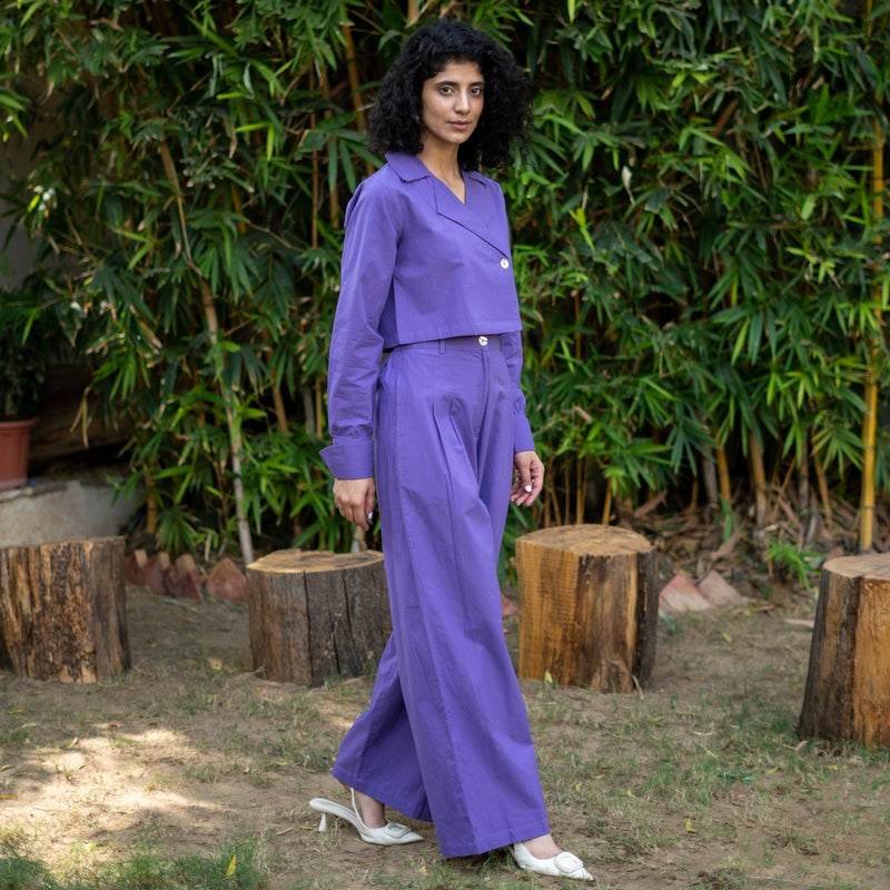 Purple Cotton Full Sleeve Crop Top and Wide-Leg Pant Co-ord Set