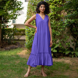 Purple Cotton Poplin A-Line Deep Neck Sleeveless Maxi Dress