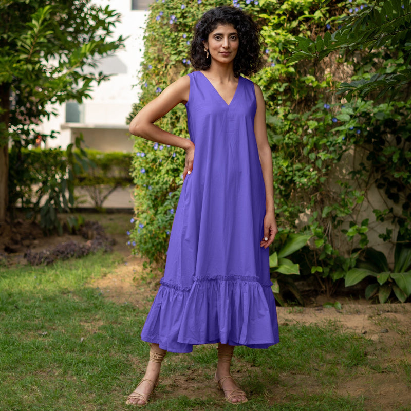 Purple Cotton Poplin A-Line Deep Neck Sleeveless Maxi Dress 30