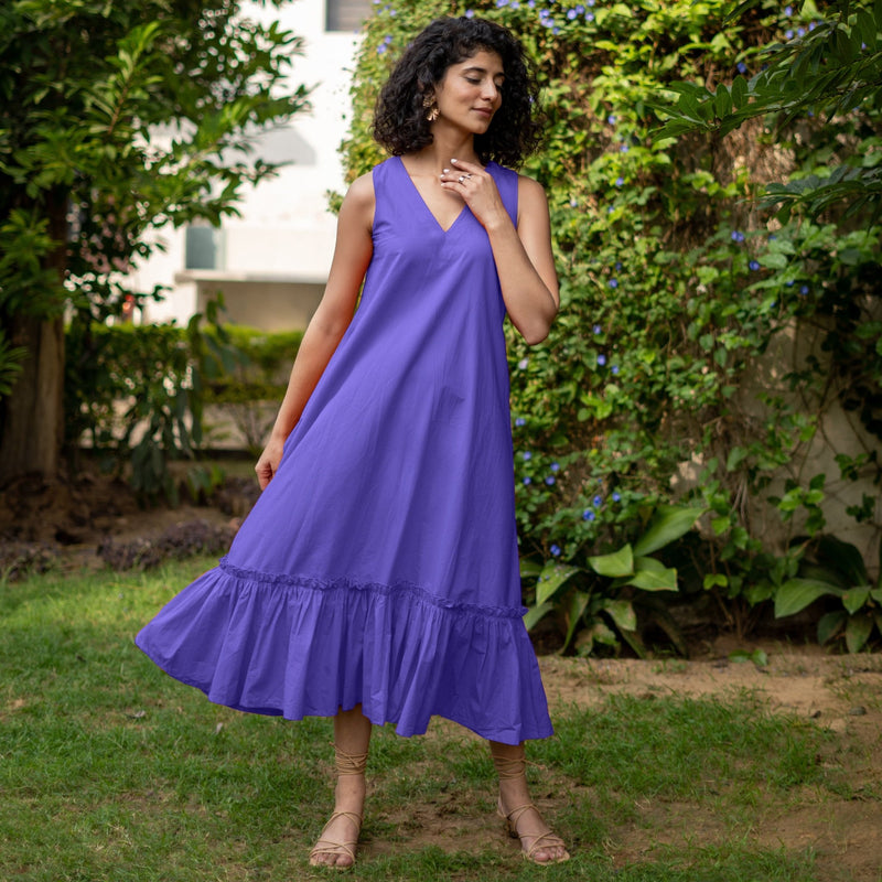 Purple Cotton Poplin A-Line Deep Neck Sleeveless Maxi Dress