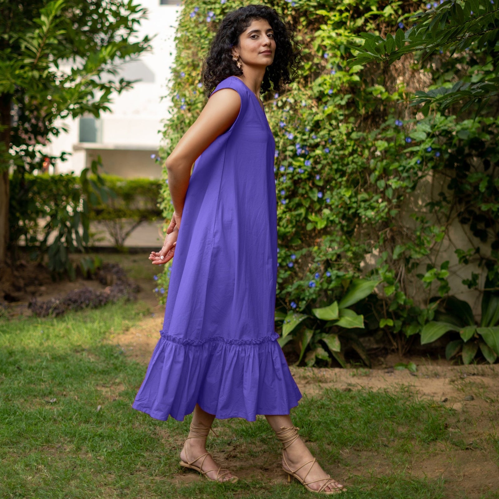 Purple Cotton Poplin A-Line Deep Neck Sleeveless Maxi Dress 30